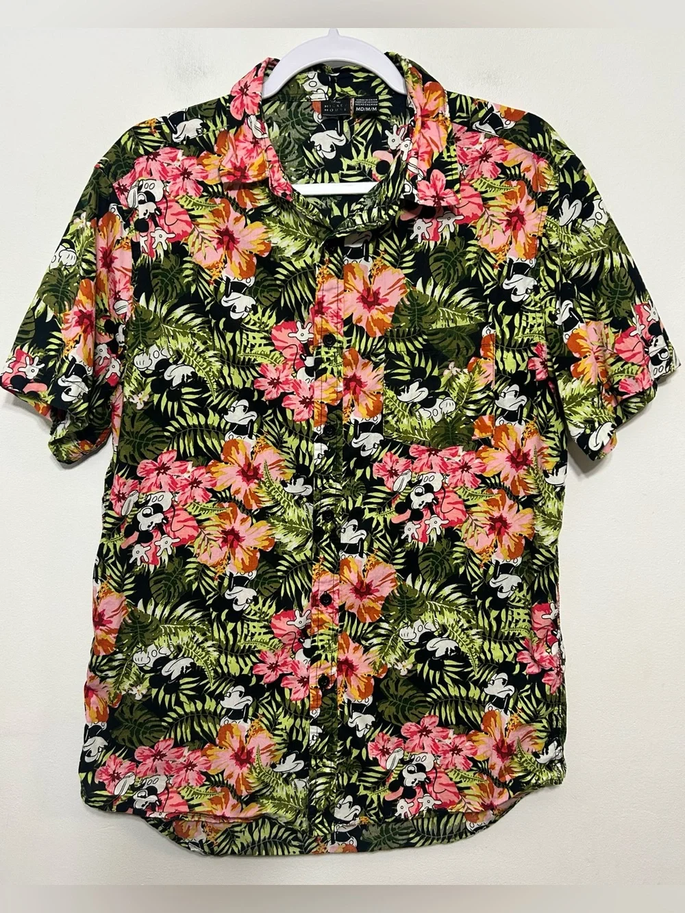 Disney Mickey Mouse Tropical Hawaiian Floral Button Up Shirt Mens Size Medium